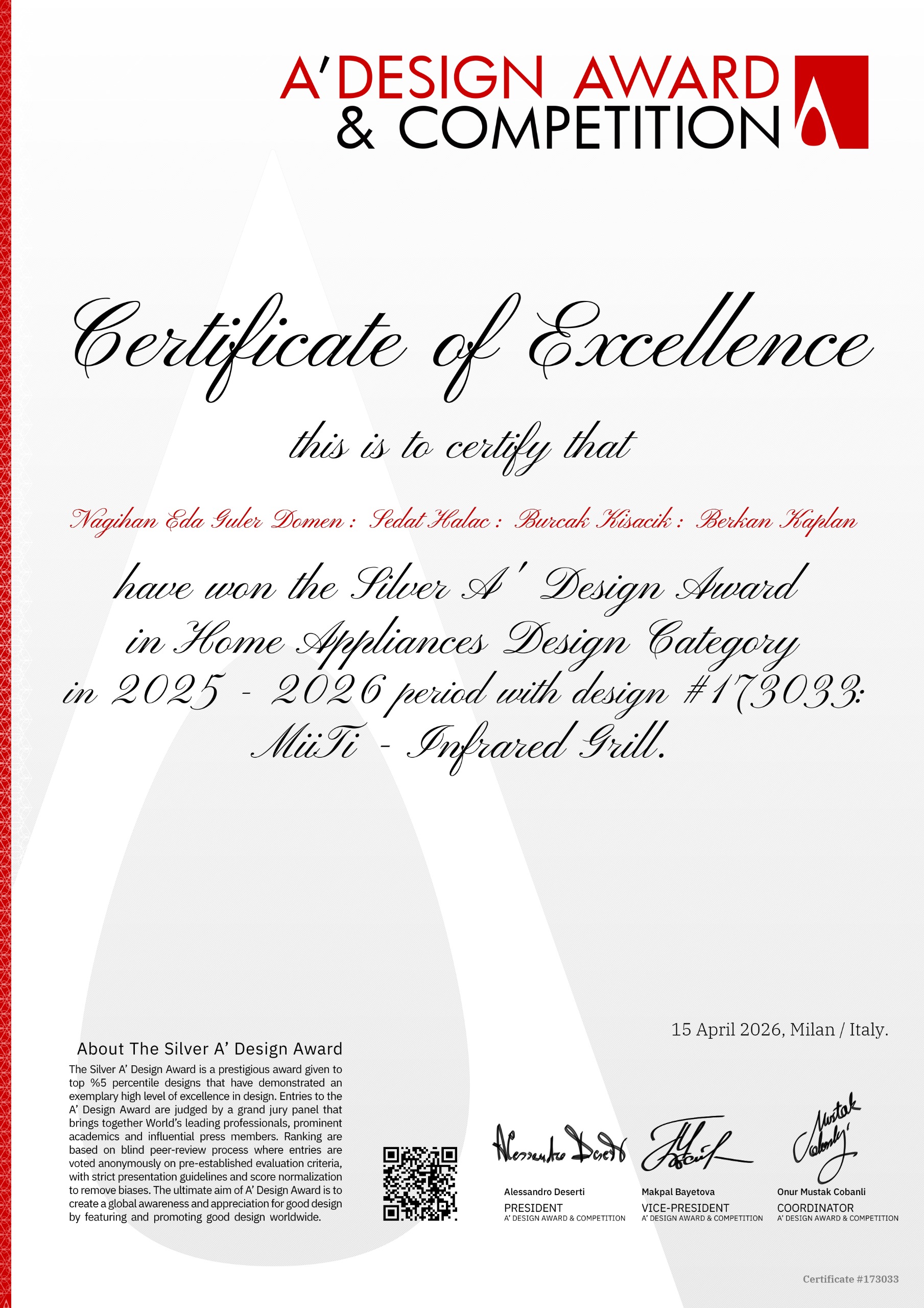 MiiTi ye italya da A'Design Award  Competition tarafından da bir ödül daha verildi...
