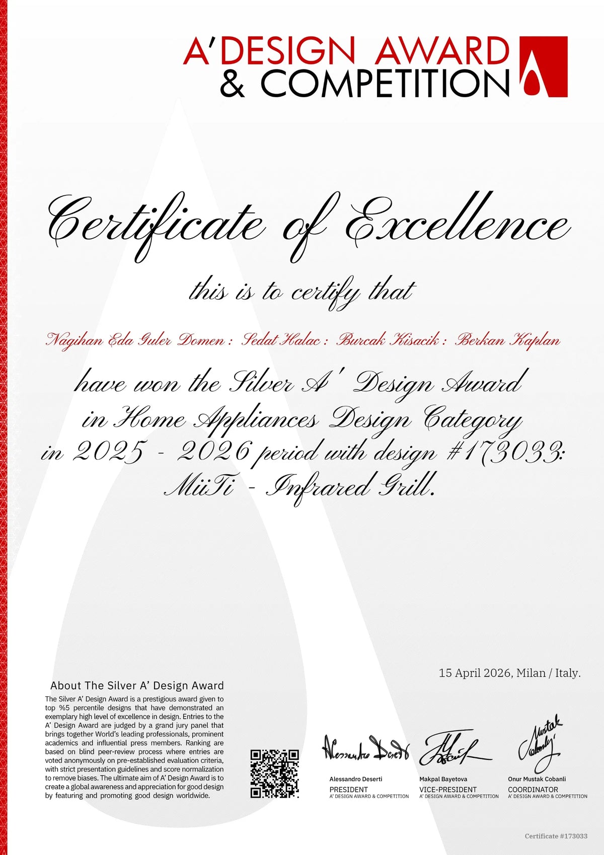 MiiTi ye italya da A'Design Award Competition tarafından da bir ödül daha verildi...